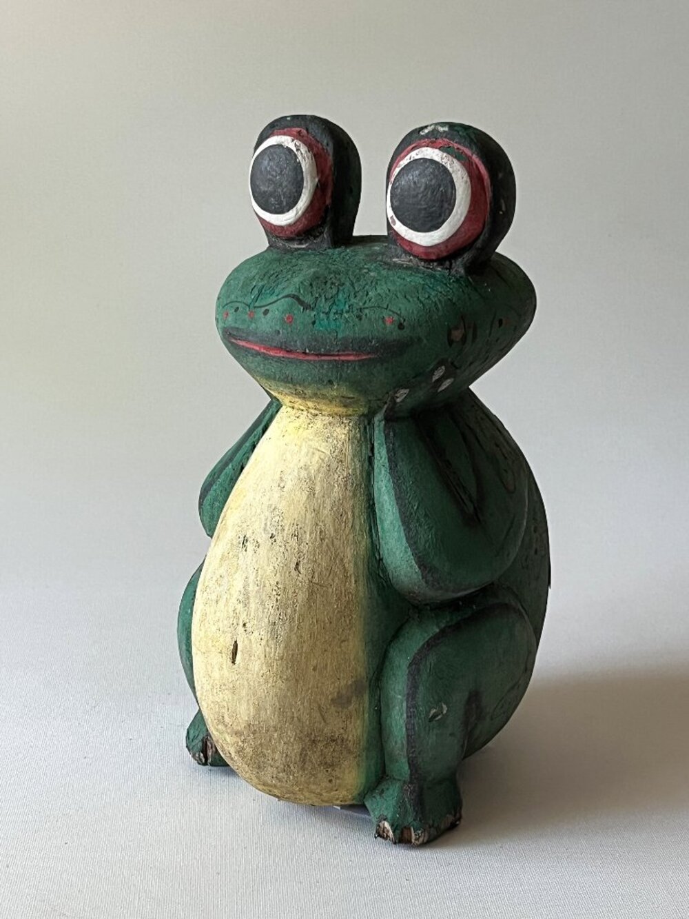 Vintage Hand Carved Painted Wood Frog Statue 9" Primitive Folk Art Decor